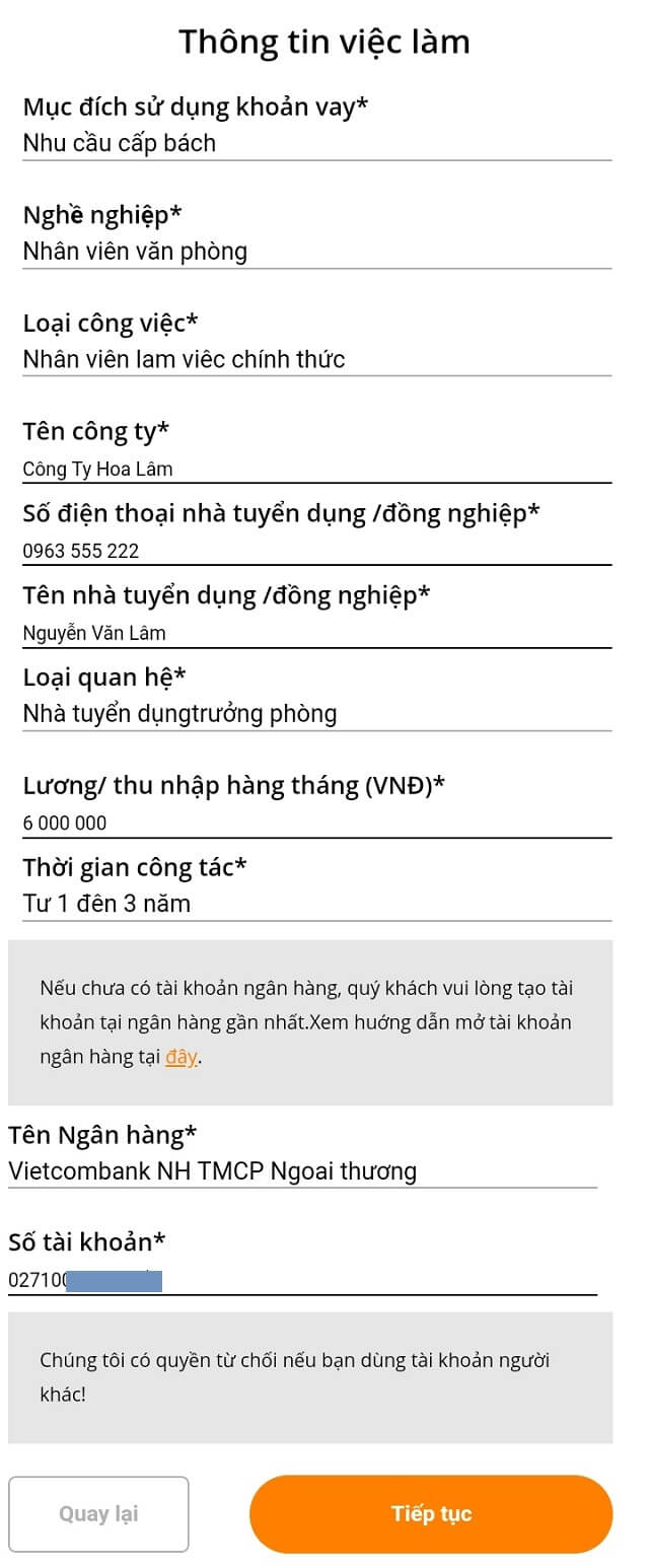 Điền thông tin việc làm hiện tại Điền thông tin việc làm hiện tại
