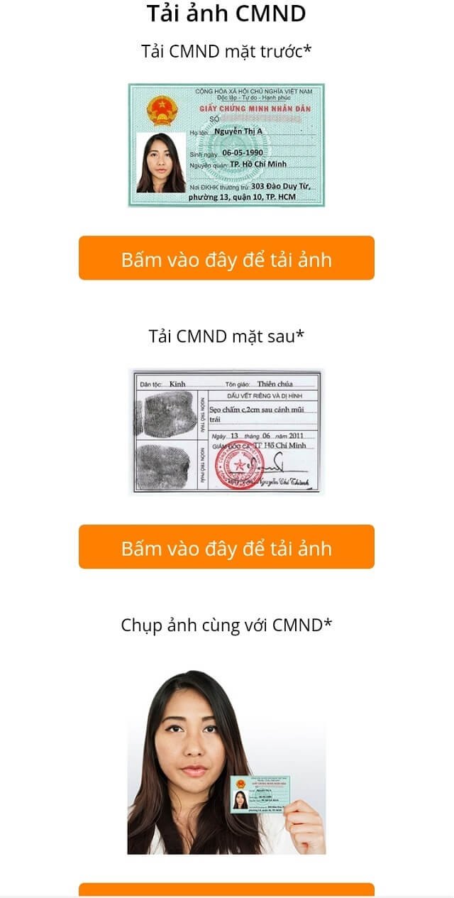 Tải ảnh 2 mặt CMND/CCCD và ảnh chân dung Tải ảnh 2 mặt CMND/CCCD và ảnh chân dung