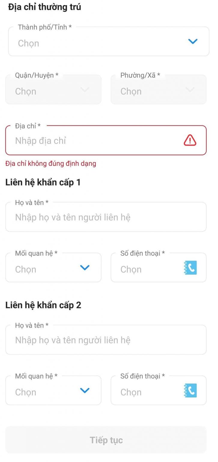Điền địa chỉ thường tr&uacute; v&agrave; bấm Tiếp Tục